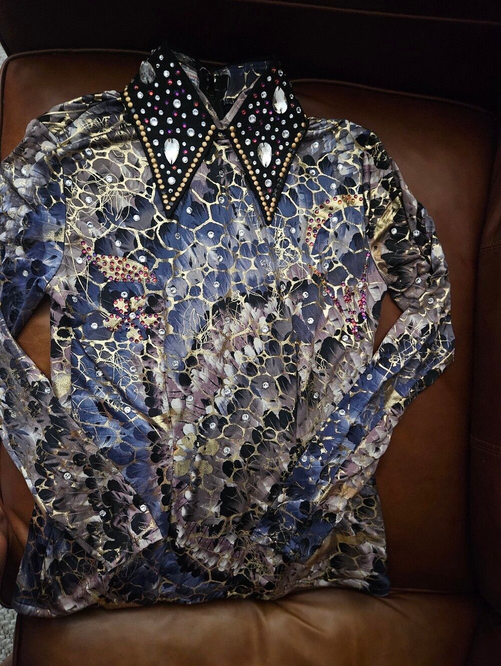 Western Show Apparel Embellished Beaded Collar Long Sleeve Top Crystals